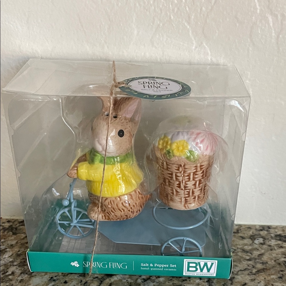 Spring Bunny & Basket on bicycle holder salt & pepper set